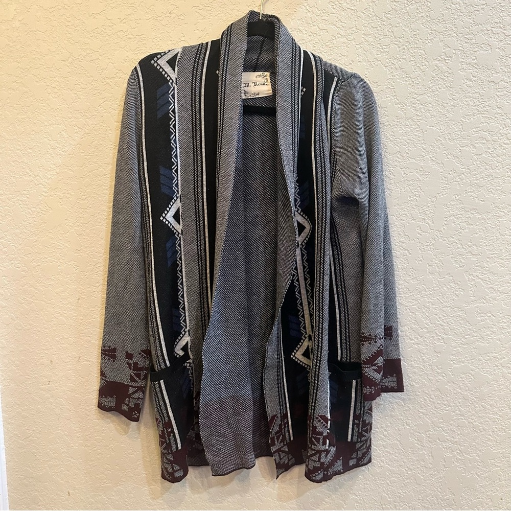 M.Rena Small Gray Blue Native Aztec Print Wool Blend Casual Winter Cardigan